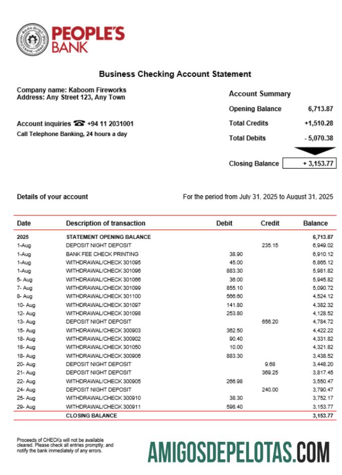 Baixável Sri Lanka People's empresa bancária extrato de conta corrente modelo Word e PDF